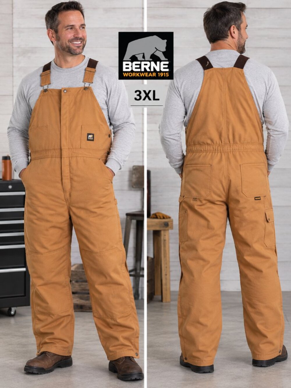 Berne 3XL Brown Insulated Duck Canvas Bib Overalls Workwear